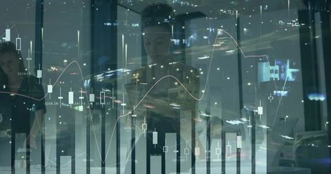 Businesswoman Reviewing Financial Data on Tablet with Overlaid Charts and City Nightscape