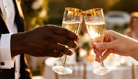 Golden-rim champagne toast during outdoor wedding reception tuxedo cufflink close-up
