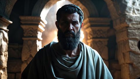 Bearded pharisee in ancient garb stands in sacred temple