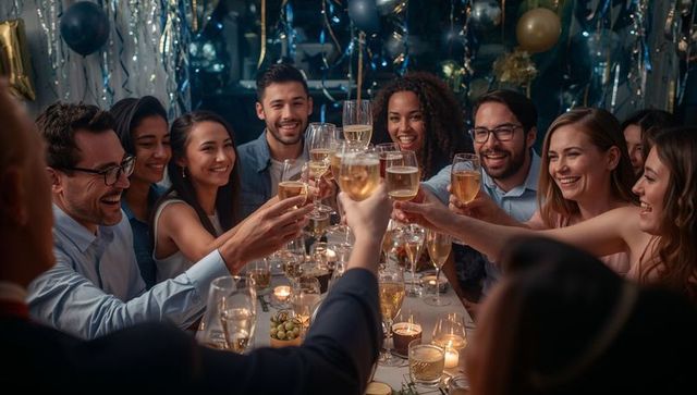 Friends toasting with champagne at candlelit dinner party, semi-formal evening banquet