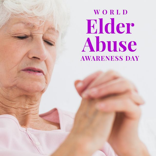 Digital composite image of world elder abuse awareness day text by woman praying with eyes closed. hope, spirituality and awareness concept.