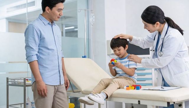 Pediatrician examining child playing with blocks on clinic exam table with parent