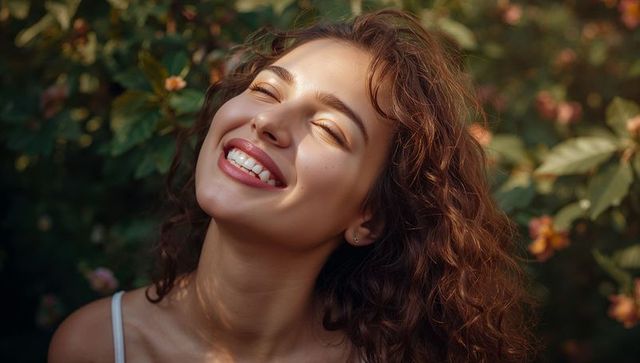 Smiling woman basking in warm golden sunlight among peach blossoms, serene nature portrait