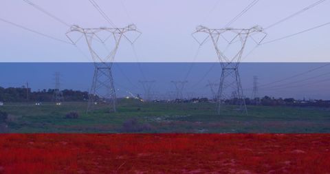 Russian Flag Overlay on Electrical Pylons Landscape - Download Free Stock Images Pikwizard.com