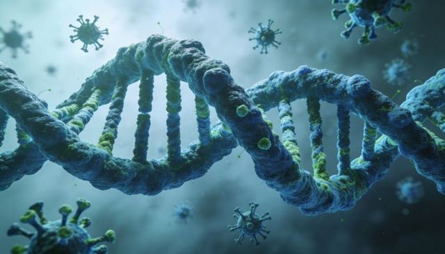 Dna double helix with floating virus particles in blue-green microscopic fluid