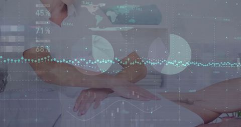 Multiracial Female Doctor and Patient with Financial Data Overlay