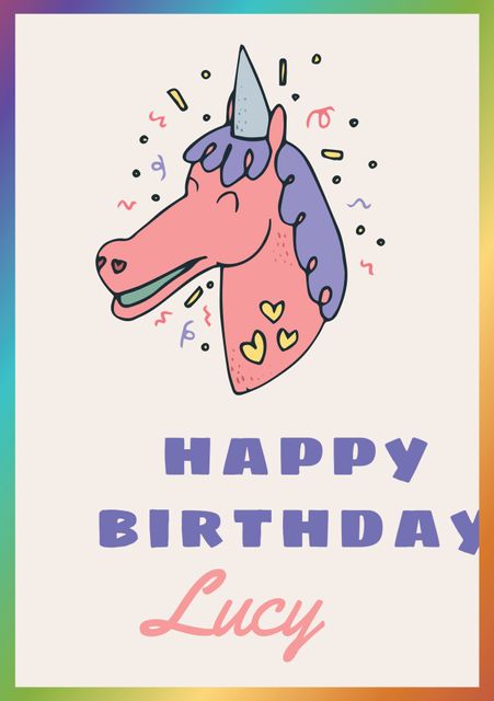 This whimsical unicorn birthday card is perfect for celebrating a special occasion. The illustration exudes joy and festivity, with a smiling unicorn surrounded by colorful confetti and cute hearts. Ideal for sending birthday wishes to a friend, family member, or loved one. The cheerful design is bound to bring a smile to the recipient's face and make their day even more special.