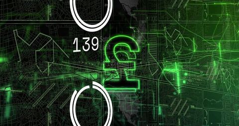Glowing Green Pound Symbol Hovering Over Futuristic Financial Dashboard with Wireframe HUD