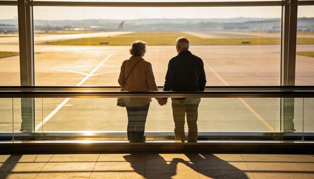 Senior couple holding hands watching runway at airport golden hour retirement travel romance