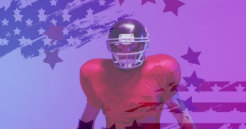 this is a dynamic fusion of sports and patriotism, featuring a silhouette of an american football player wearing a red jersey and helmet, overlaid with a digital representation of the usa flag. perfect for use in sports events promotions, patriotic campaign materials, themed competitions, or digital artwork celebrating american culture and athletics.