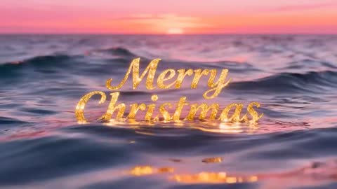 Glittering Golden Merry Christmas Text Floating on Ocean at Pink Sunset — Cinematic Loop