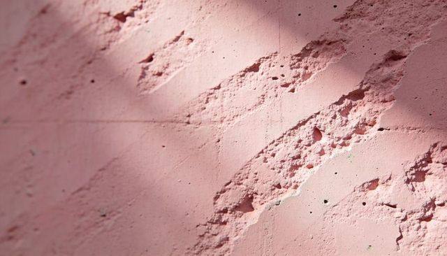 Pastel pink weathered concrete wall with crumbled plaster texture and diagonal shadows