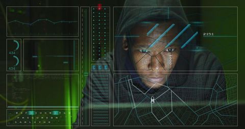 Cybersecurity Threat: Male Hacker Monitoring Data on Digital Screen - Download Free Stock Images Pikwizard.com