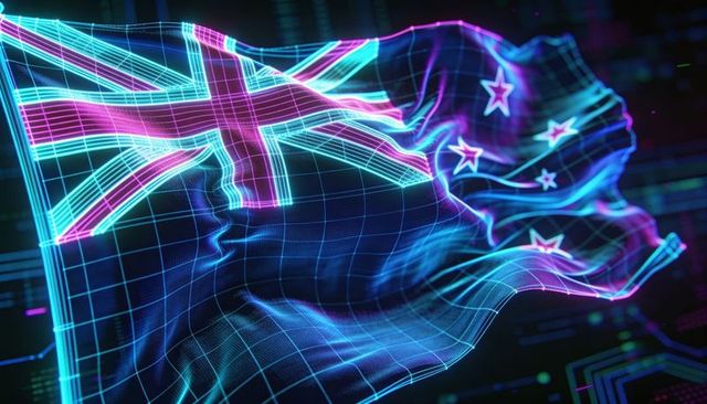 Waving neon wireframe flag with union-jack cross and southern stars in cyberpunk hologram