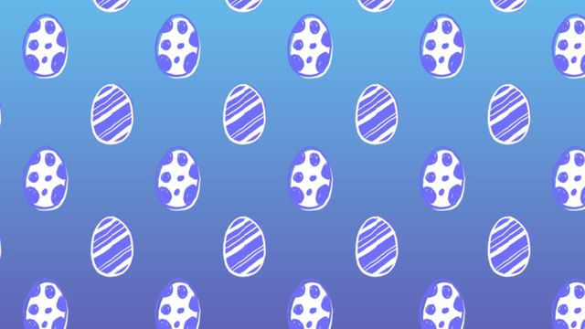 Pattern of animated decorated Easter eggs with varied designs smoothly moves across blue gradient background, creating a festive and cheerful atmosphere. Suitable for Easter-themed digital projects like backgrounds for presentations, webpages, and greeting cards.