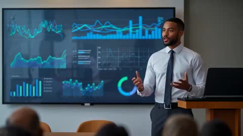 Business presenter delivering data-driven briefing with animated dashboard charts in boardroom