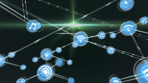 Digital Network of Multimedia Icons Against Dark Abstract Background