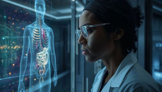 Clinician examining holographic human anatomy display in futuristic medical laboratory
