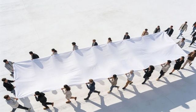 Diverse team carrying giant white banner across urban plaza casting long shadows, aerial