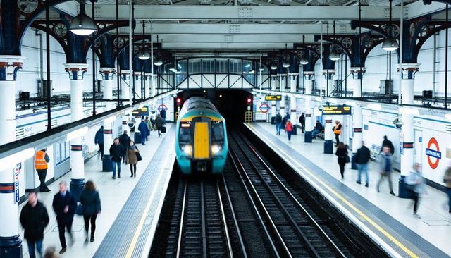 Teal commuter train arriving at victorian-style underground station with commuters moving