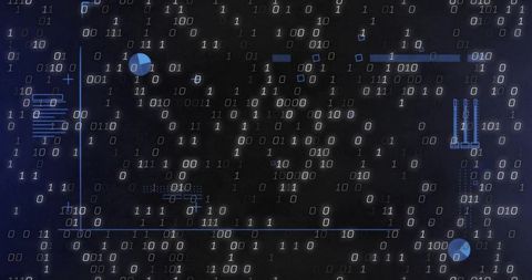 Streaming binary digits with neon hud lines and circular data markers on dark cyber grid