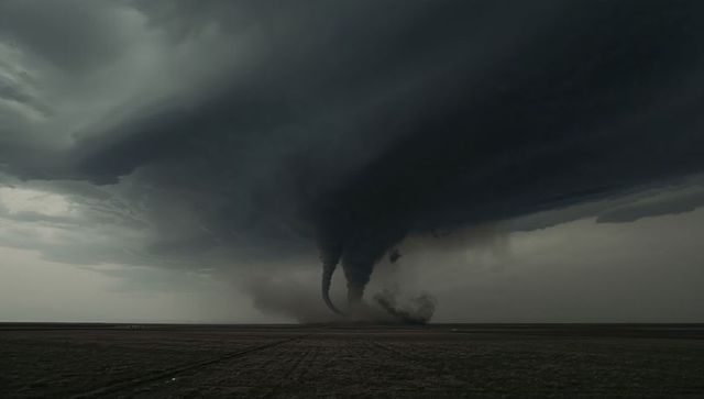 Churning twin tornadoes descending from rotating supercell over wide plowed plains
