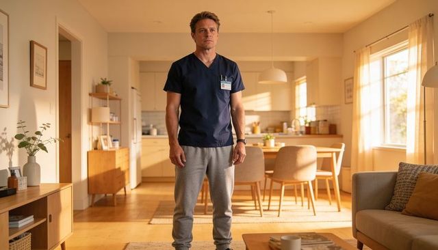 Standing medical worker in navy scrubs in sunlit open-plan living room checking wristwatch