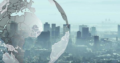 Hovering translucent globe overlaying misty city skyline with harbor cranes and teal haze