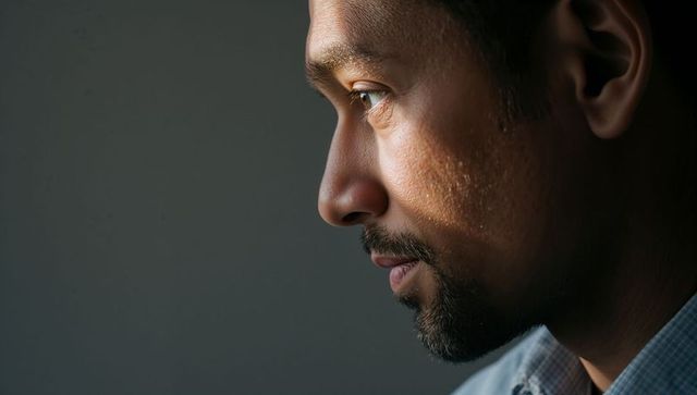 Gazing adult indian man in profile with warm side light on textured skin, contemplating