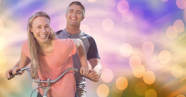 Joyful couple cycling together, both smiling and enjoying the moment, against a colorful bokeh light overlay. Perfect for use in advertisements, lifestyle blogs, and promotional materials related to love, happiness, and outdoor activities.