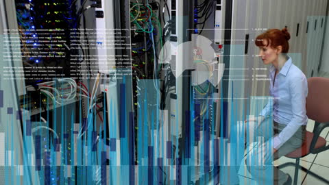 Businesswoman Analyzing Data in Server Room with Digital Interface