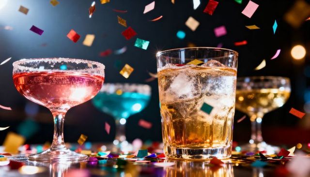 Whiskey on rocks with sugar-rimmed cocktail and colorful confetti celebrating nightlife