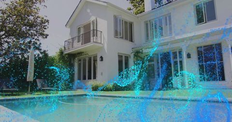 Modern Two-Story House with Decorative Blue Waves by Poolside