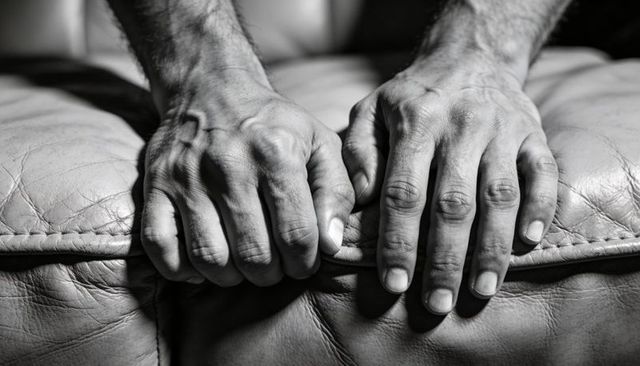 Tense hands gripping leather cushion edge, pressing knuckles and veins, high-contrast monochrome