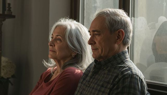 Senior couple sitting together gazing out window in warm contemplative moment