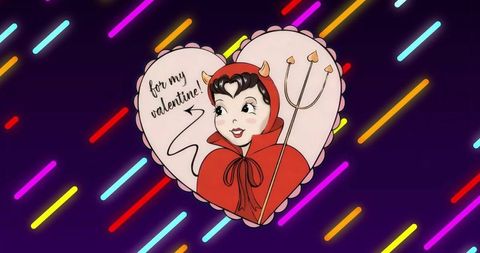 Whimsical devil valentine cartoon art with neon accents