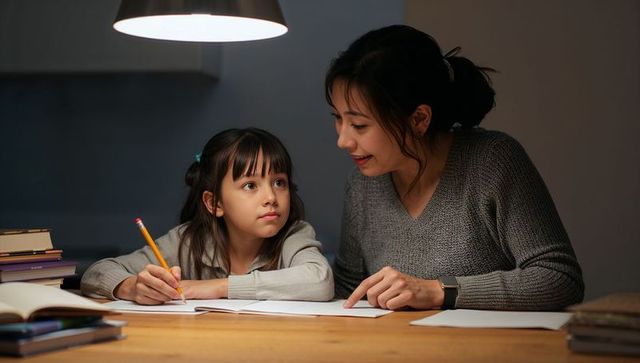 Mother tutoring daughter under warm lamp during evening homework at wooden desk