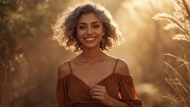 Smiling ash-blonde woman glowing in golden meadow wearing off-shoulder brown dress