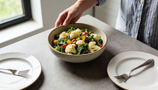 Placing fresh roasted cauliflower and kale salad on table for healthy family meal