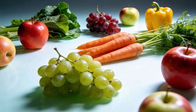 Gleaming green grapes with fresh carrots, apples and yellow bell pepper on glossy surface