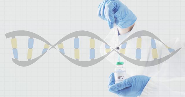 Scientist is working in a sterile lab environment conducting HPV vaccine research. DNA sequence overlay indicates genetic focus of research. Ideal for topics on healthcare advancements, scientific research, DNA studies, vaccine development, or medical breakthroughs.