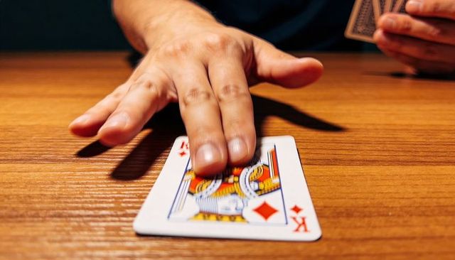 Sliding king of diamonds card on wooden table closeup hand revealing poker move