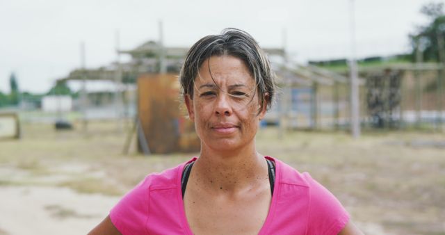 Portrait of biracial woman wearing pink t-shirt looking at camera and smiling. Female fitness, challenge and healthy lifestyle.