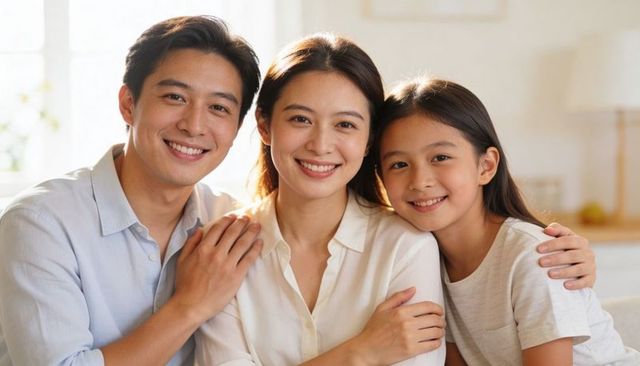 Sunlit smiling family of parents with daughter embracing on sofa in bright modern living room