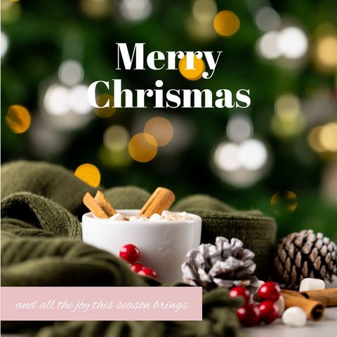 Festive christmas greeting card with hot chocolate and decorations
