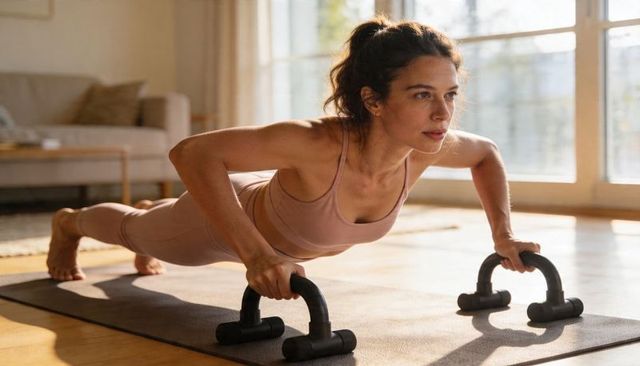 Fit woman performing push-ups with push-up bars on mat in sunlit living room workout