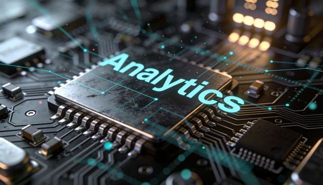 Analytics microchip on high-tech circuit board with neon teal data overlay, copper traces