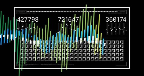 Neon Data Dashboard Interface with Numeric Readouts, Bar Charts and Glyph Grid