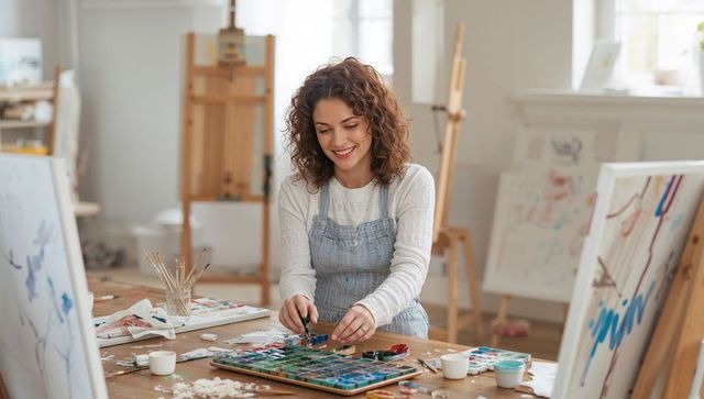 Female artist mixing watercolors in bright studio wearing denim overalls