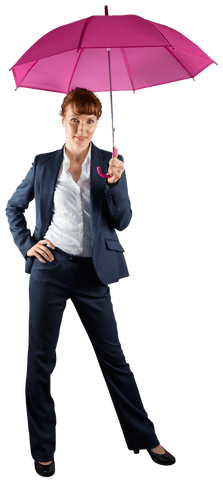 Confident Businesswoman Holding Pink Umbrella on Transparent Background
